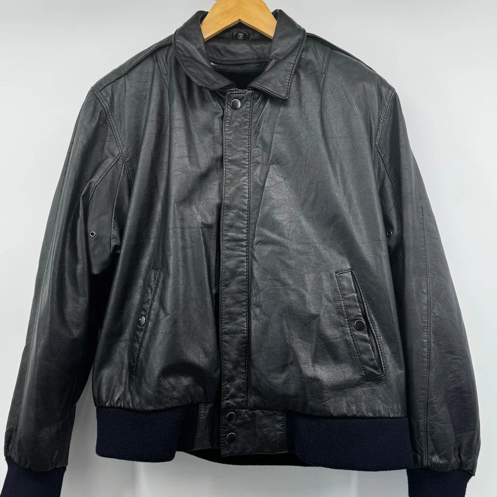 Vintage 100% Genuine Black Leather‎ Bomber Jacket Faux Fur Lined Men Sz 42 Large